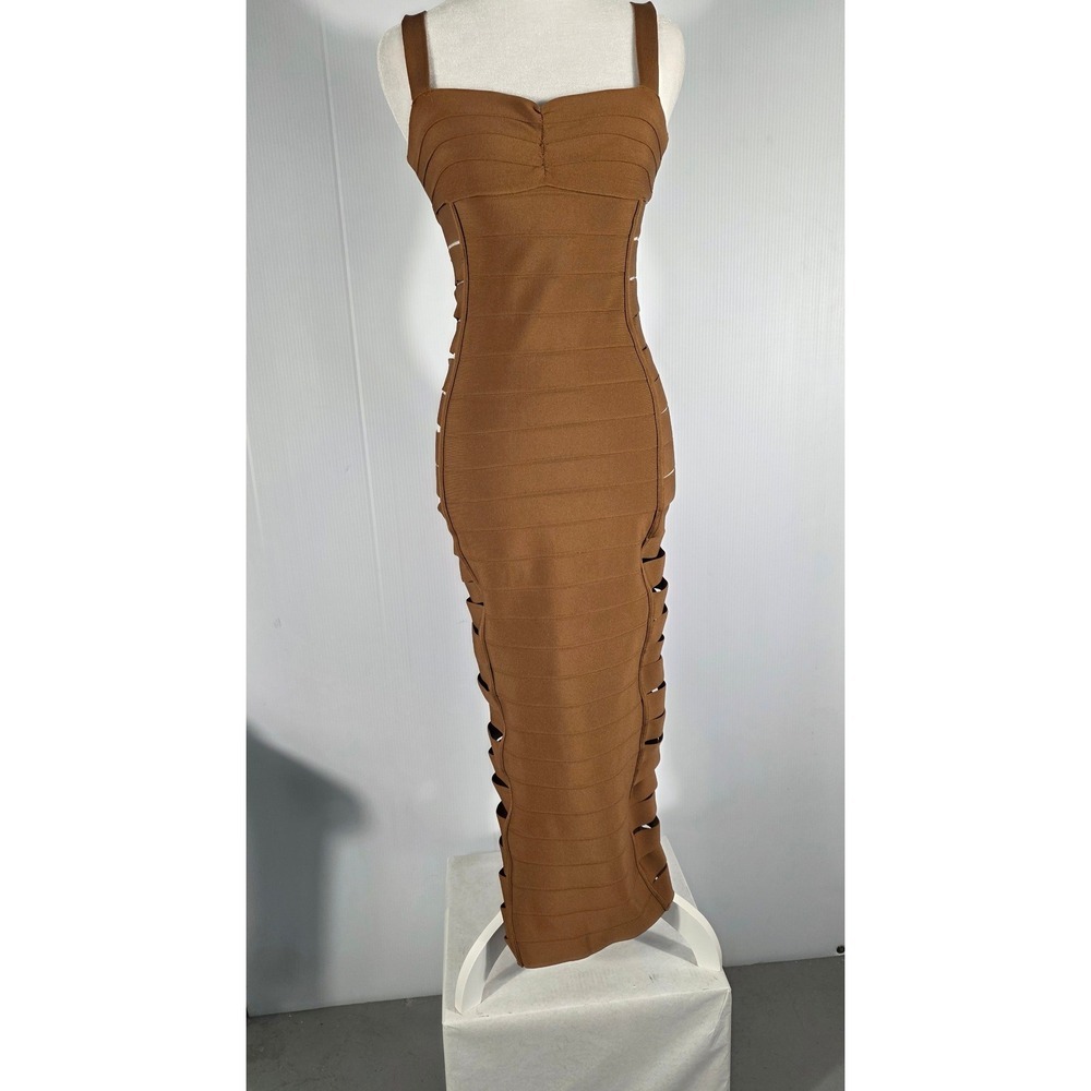 Fashion Nova Brown Bandage Cutout Midi Dress Spaghetti Strap Bodycon Women's S - Picture 2 of 8